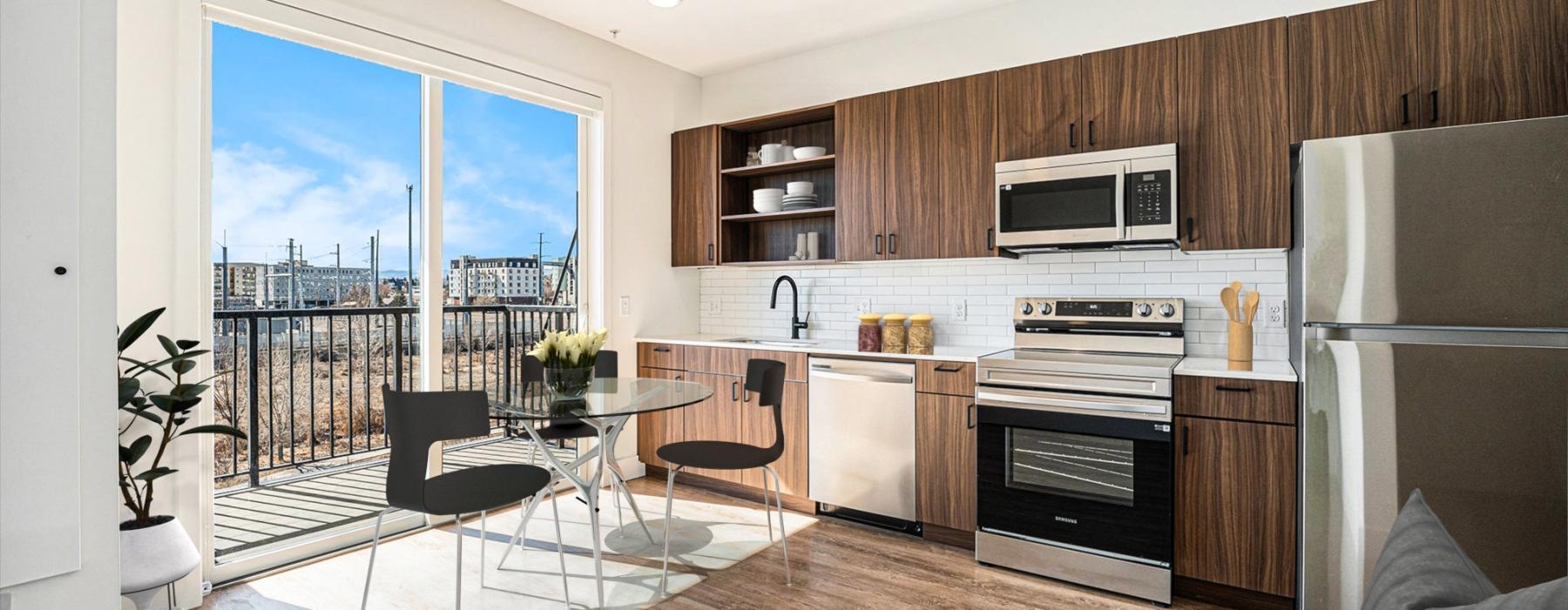 a kitchen with a large window