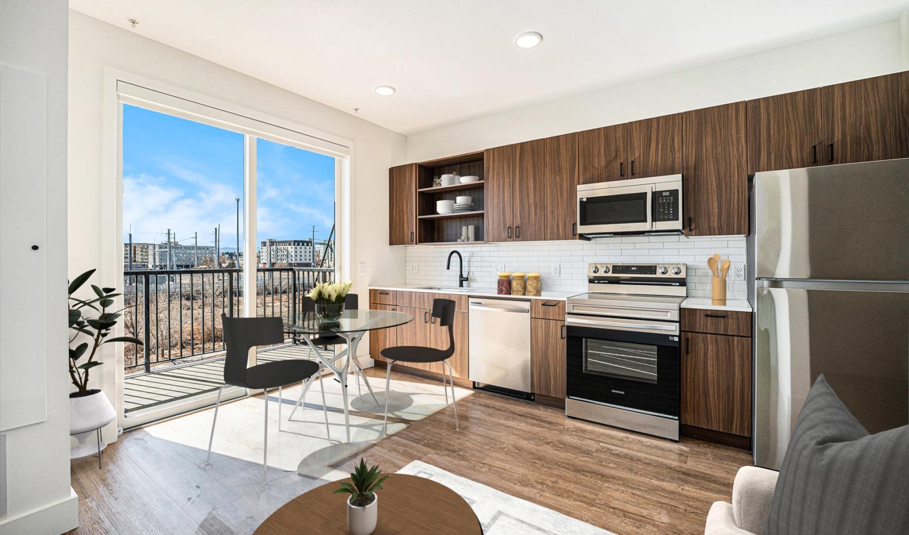 a kitchen with a large window