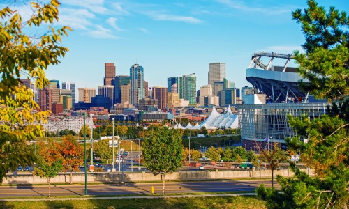 a city with buildings and trees