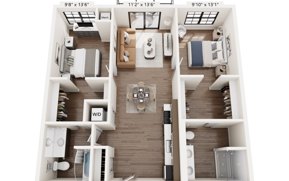 B1 - 2 bedroom floorplan layout with 2 bathrooms and 985 square feet B1 - 2 bedroom floorplan layout with 2 bathrooms and 985 square feet